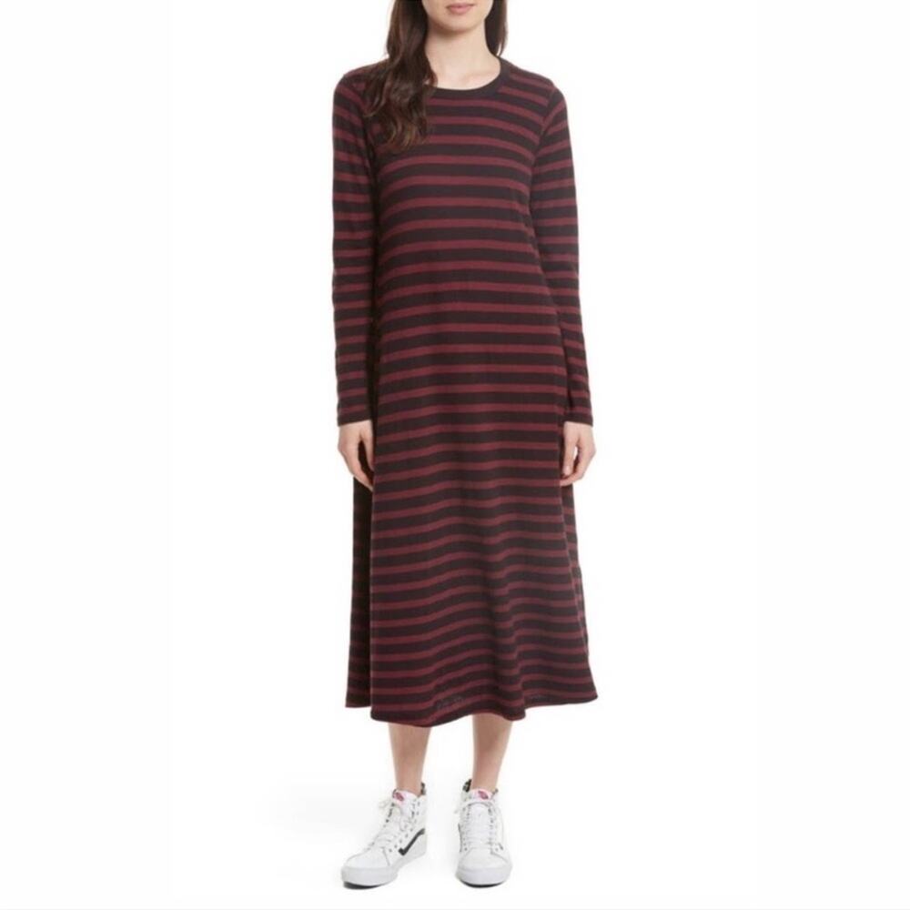 THE GREAT. Burgundy and Black Striped Midi Dress